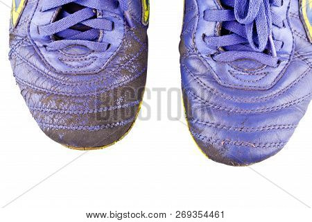Old Vintage Damaged Futsal Sports Shoes  On White Background Football Sportware Object Isolated