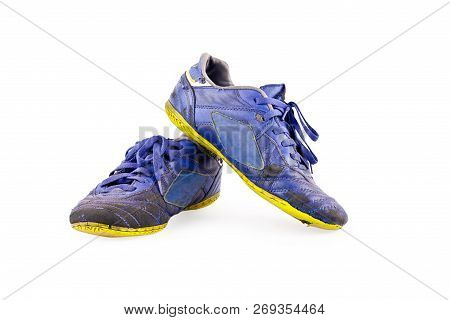 Old Used  Blue Worn Out Futsal Sports Shoes  On White Background Soccer Sportware Object Isolated