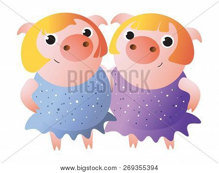 Piggy Twin Sisters In Shiny Dresses. Zodiac Symbol.