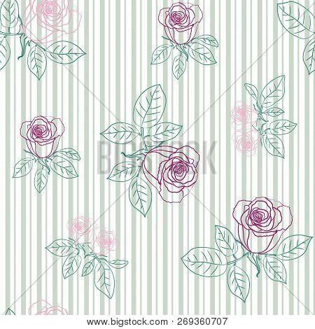Seamless Pattern With Roses On Striped Background. Vector Illustration.