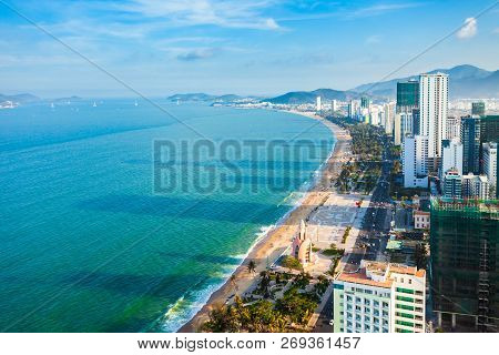 Nha Trang City Skyline Aerial Panoramic View At Sunset In South Vietnam