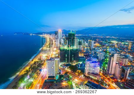Nha Trang City Skyline Aerial Panoramic View At Sunset In South Vietnam