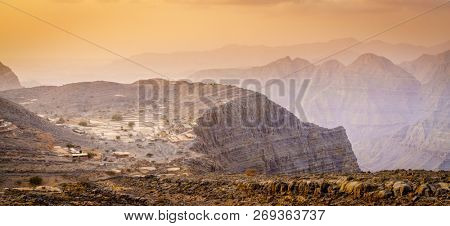 Scenic view of Hajar Mountains of Ras Al Khaimah, UAE at sunset