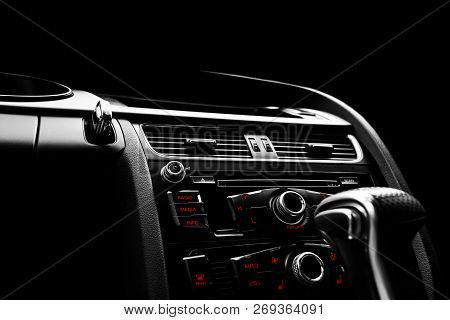 Modern Luxury Sport Car Inside. Interior Of Prestige Car. Black Leather. Car Detailing. Dashboard. M