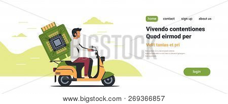 Man Courier Riding Scooter With Computer Processor Microchip Circuit Board Cpu Concept Isolated Flat