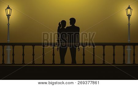 Date At Night On The Bridge - Young Boy And Girl - Illustration, Vector