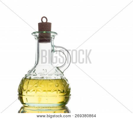 Bottle Of Extra Virgin Healthy Olive Oil Close Up Isolated On White Background.