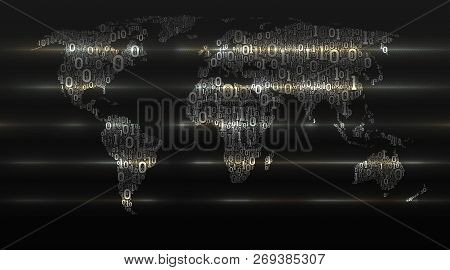 Binary Code World Map On Dark Cellular Background. Abstract Digital Technologies Transform The World