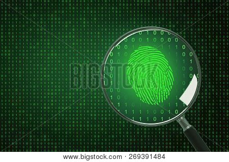 Binary Code Background With Magnifier And Finger Print. Biometrics And Computing Concept. 3d Renderi
