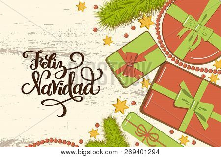 Flatlay Mockup With Fir, Bright Gift Boxes With Bow, Beads And Stars On Rustic Background With Lette