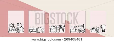 Vector Set Of Vertical Banner Of Beauty Items. Collection Of Template Of Doodle Style Cosmetic Tools