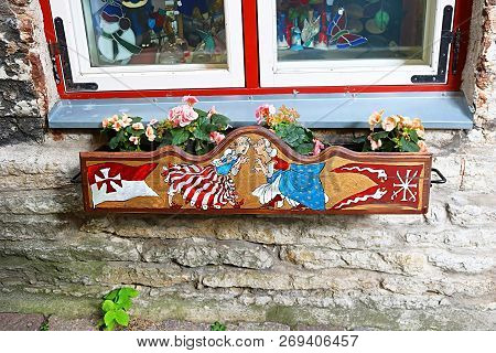 Tallinn, Estonia - August 30, 2018: Flower Pot With Flowers On Verine Street. On A Very Narrow Stree