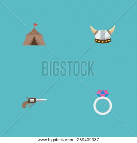 Set Of Game Icons Flat Style Symbols With Barbarian, Medieval Barracks, Magic Ring And Other Icons F