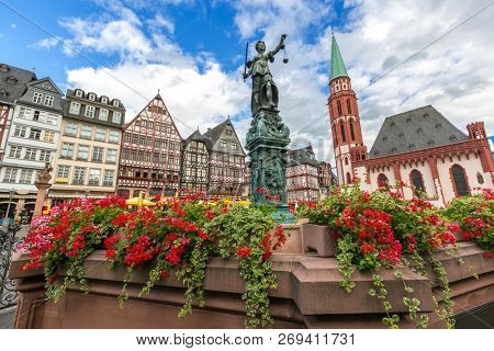Frankfurt old town with the Justitia statue. Germany