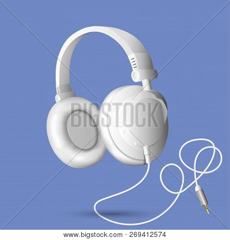 Realistic White Headphones On A Blue Background. Vector Illustration