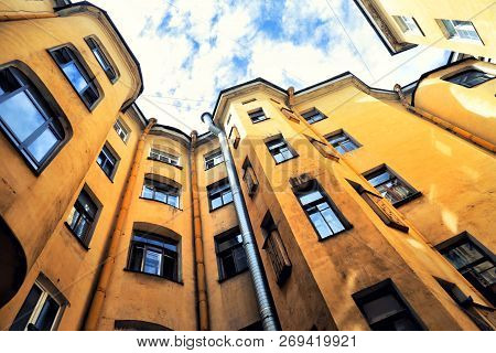 A Typical Courtyard In The Old District Of St. Petersburg, Views From The Bottom Up