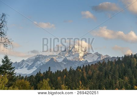 Lower Arkhyz, Karachay-cherkess Republic. In The Distance Snow-covered Sofia Mountain
