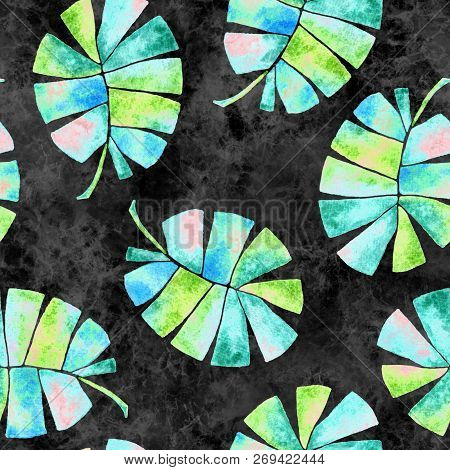 Tropical Seamless Pattern. Watercolor Childish Palm Leaves, Japanese Bamboo. Green Exotic Swimwear D