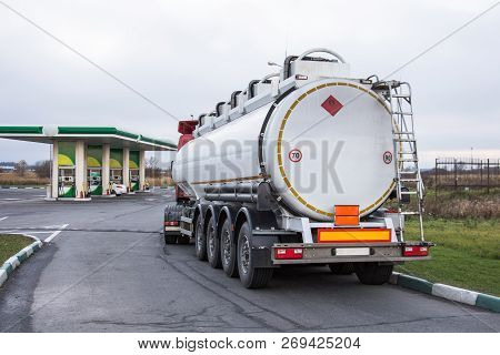 Truck With Gasoline Tank Fuel Before Unloading At A Gas Station.