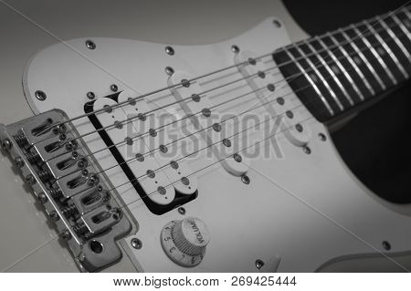 Black White Rock Music Concept, Solo Electric Lead Guitar With Bridge, Strings, Volume And Tone Cont