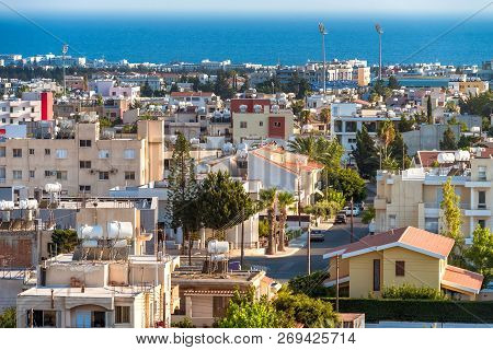 View Of Paphos Cityscape Over Residential Neighborhoods. Cyprus.