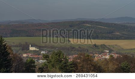 Meadows And Forest Over Pitin Town In Moravia Region Near Slovakia Border