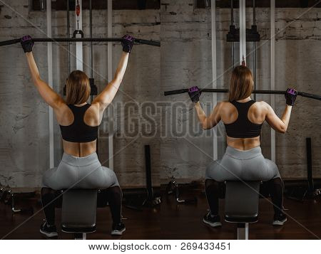 Back View Of Sporty Woman Doing Thrust Of Upper Block To Chest. Split Image Of Arm Flexion Phase . S