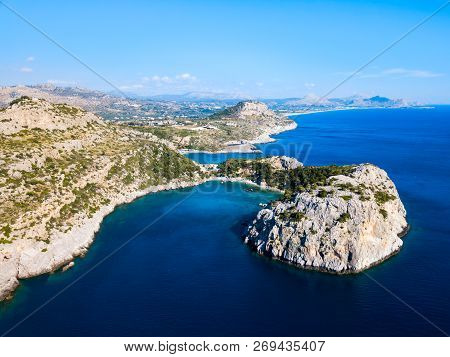 Ladiko Beach And Anthony Quinn Bay Aerial Panoramic View In Rhodes Island In Greece