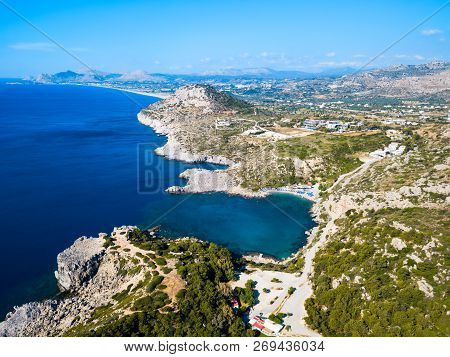 Ladiko Beach And Anthony Quinn Bay Aerial Panoramic View In Rhodes Island In Greece