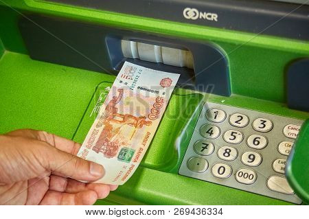 Syzran, Russia - June 20 , 2018: Finance, Money, Bank And People Concept - Close Up Of Hand Taking R