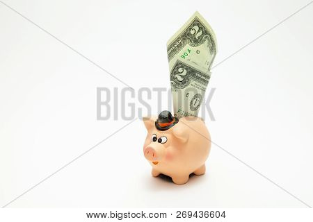 Pink Piggy Bank With Money Dollar On White Background