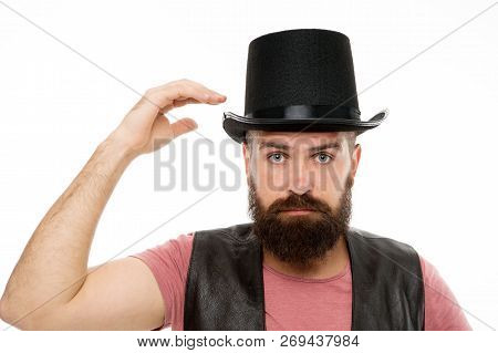Let Me Show Some Magic. Man Bearded Hipster Cylinder Hat. Illusionist Performance Concept. Magician 