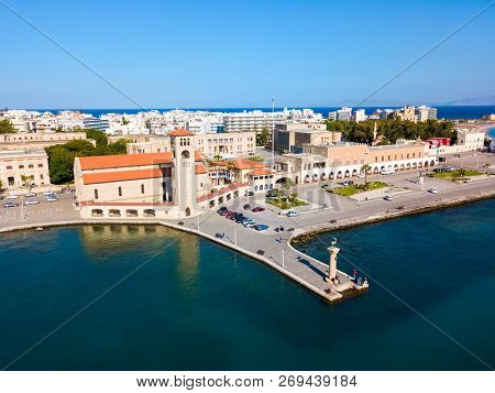 Colossus Of Rhodes And Evangelismos Church Or Ekklisia Evaggelismos Aerial Panoramic View In Rhodes 