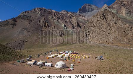 Aconcagua, Mendoza / Argentina, February 14 2014: Panoramic View Of Camp Confluencia Inside Aconcagu