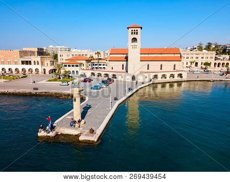 Colossus Of Rhodes And Evangelismos Church Or Ekklisia Evaggelismos Aerial Panoramic View In Rhodes 