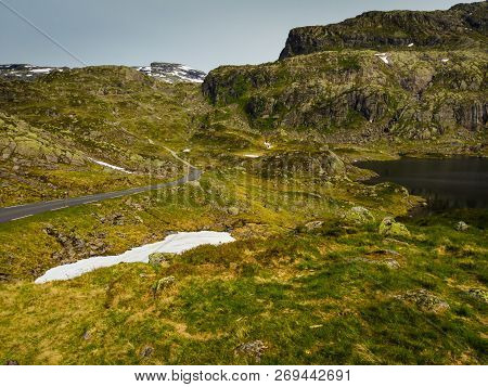 Norway Landscape. Road And Lakes In Stony Rocks Mountains. Norwegian National Tourist Scenic Route R
