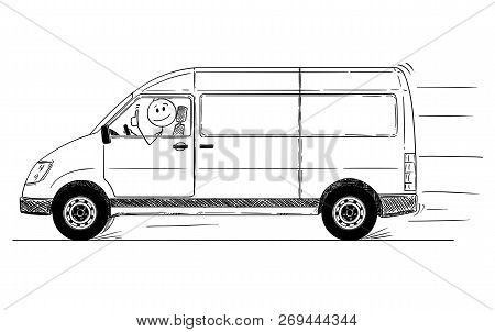 Cartoon Stick Drawing Conceptual Illustration Of Driver Of Fast Driving Generic Delivery Van Showing