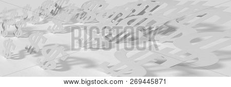 Abstract White Wide Panoramic 3x1 Background With Figurines Of Three-dimensional Dollars, All White,