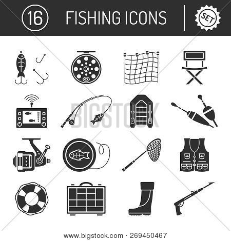 Set Of Fishing Icons In Silhouette Flat Style Isolated On White Background.