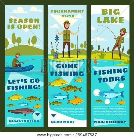 Leisure Sport Banners With Fisherman And Fish. Vector Fisher On Shore Or In Inflatable Boat With Rod