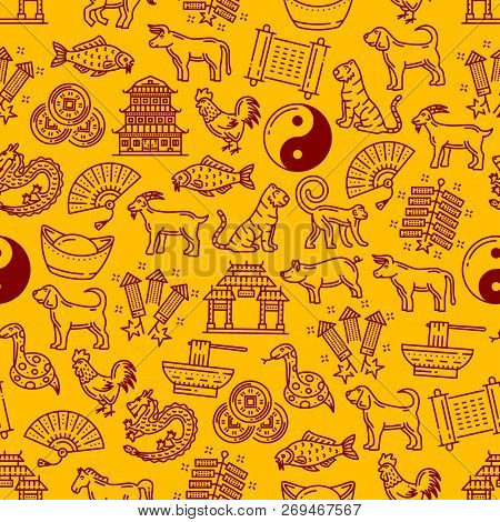 Chinese Horoscope Animals Linear Seamless Pattern. Oriental Astrology Symbols And National Signs As 
