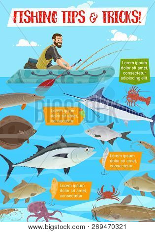 Fisherman In Inflatable Boat, Fishing Sport Tips And Tricks. Vector Tuna And Catfish, Salmon And Per