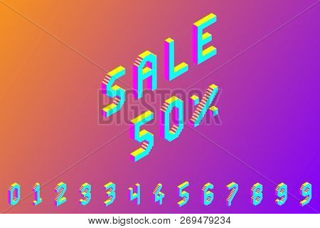 Bold Colorful Isometric Pixel 3d Font. Modern Bright Uppercase Geometric Alphabet Numbers Set. Stock