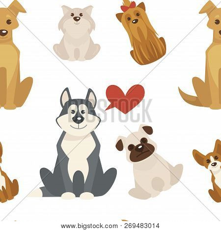 Dog Types And Breeds Canine Animals Seamless Pattern Isolated On White Background Vector.