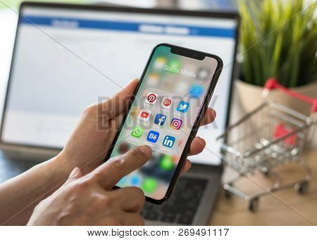 Bangkok, Thailand- November 20, 2018: Social Media App Multi-channel Icons On Iphone X Touchscreen M