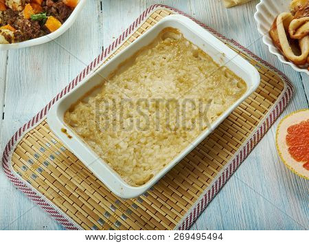 Biko , (filipino Sweet Sticky Rice, Filipino Cuisine, Traditional Assorted Dishes, Top View.