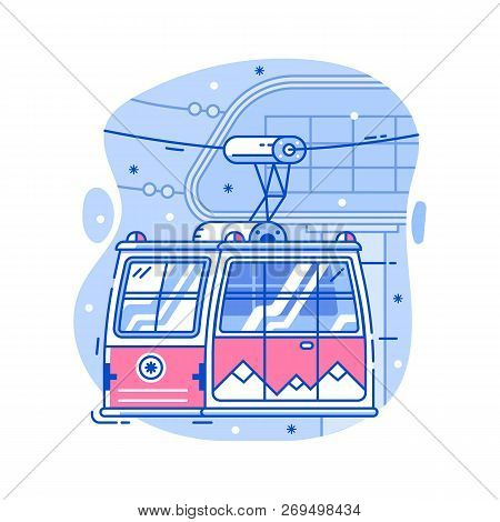 Red Cable Car In Flat Design. Electric Ski Lift Or Gondola Icon In Line Art. Winter Funicular Illust