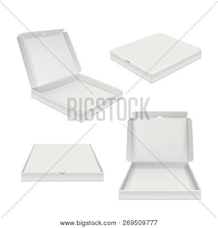 Pizza Box Mockup. Fast Food Product Cardboard Empty Blank Packages Open And Closed Vector Realistic 
