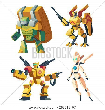 Vector Cartoon Combat Robots For Role Playing Video Game. Battle Androids. Medic, Carrier With Artif