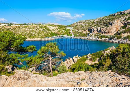 Ladiko Beach And Anthony Quinn Bay Aerial Panoramic View In Rhodes Island In Greece